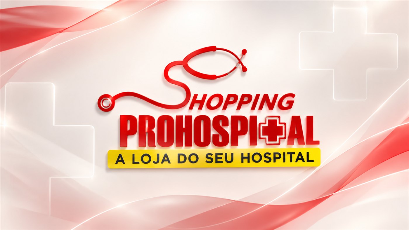 Logo da Shopping Prohospital sobre fundo abstrato em tons claros e vermelhos, com elementos visuais de saúde.